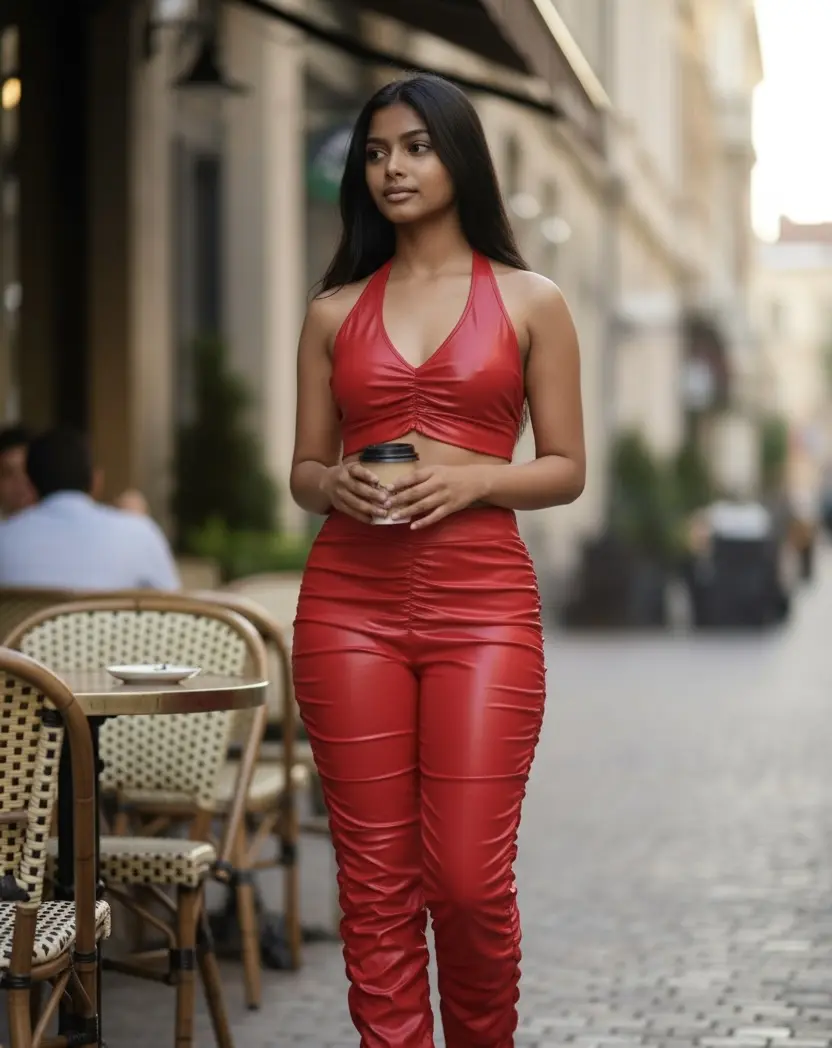 Seductive Scarlet Ruched Two-Piece Sculpt Set - Red & Black Super Stretchy Curve-Hugging Fit Halter Crop & High-Waisted Ruched Pants for Photoshoots Nights Out
