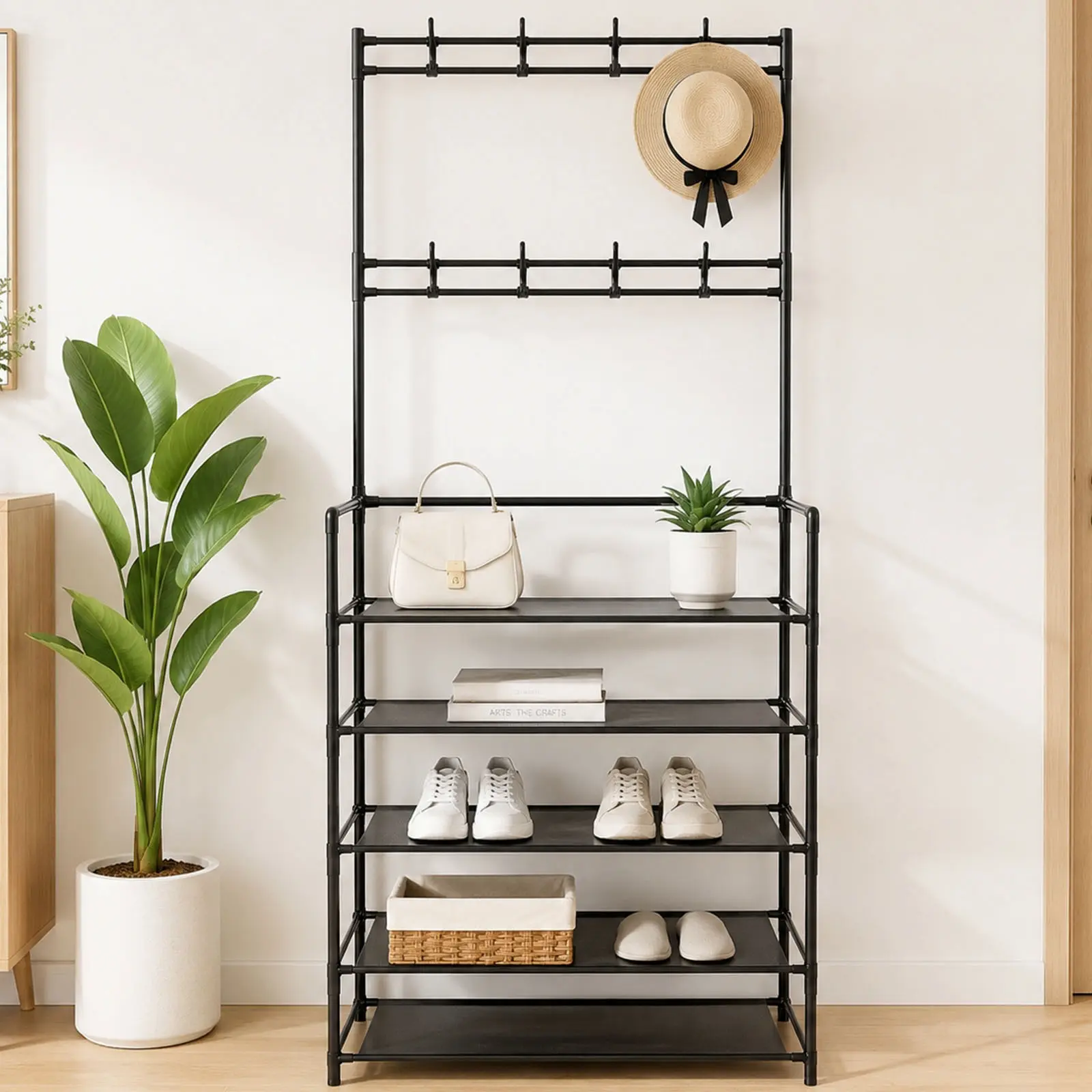 5-Tier Metal Entryway Coat & Shoe Rack, All-in-1 Storage Organizer with 8 Hooks & Large Shelves, Stable Space-Saving Stand for Hallway, Entrance Hall, Bedroom