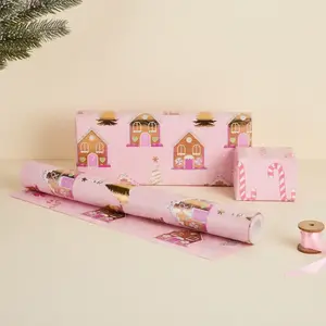 Christmas Pink Gingerbread House Theme Gift Wrapping Paper Roll, Double-Sided Gift Wrap, Ideal for Holiday Celebrations, 17 inches x 16.5 feet