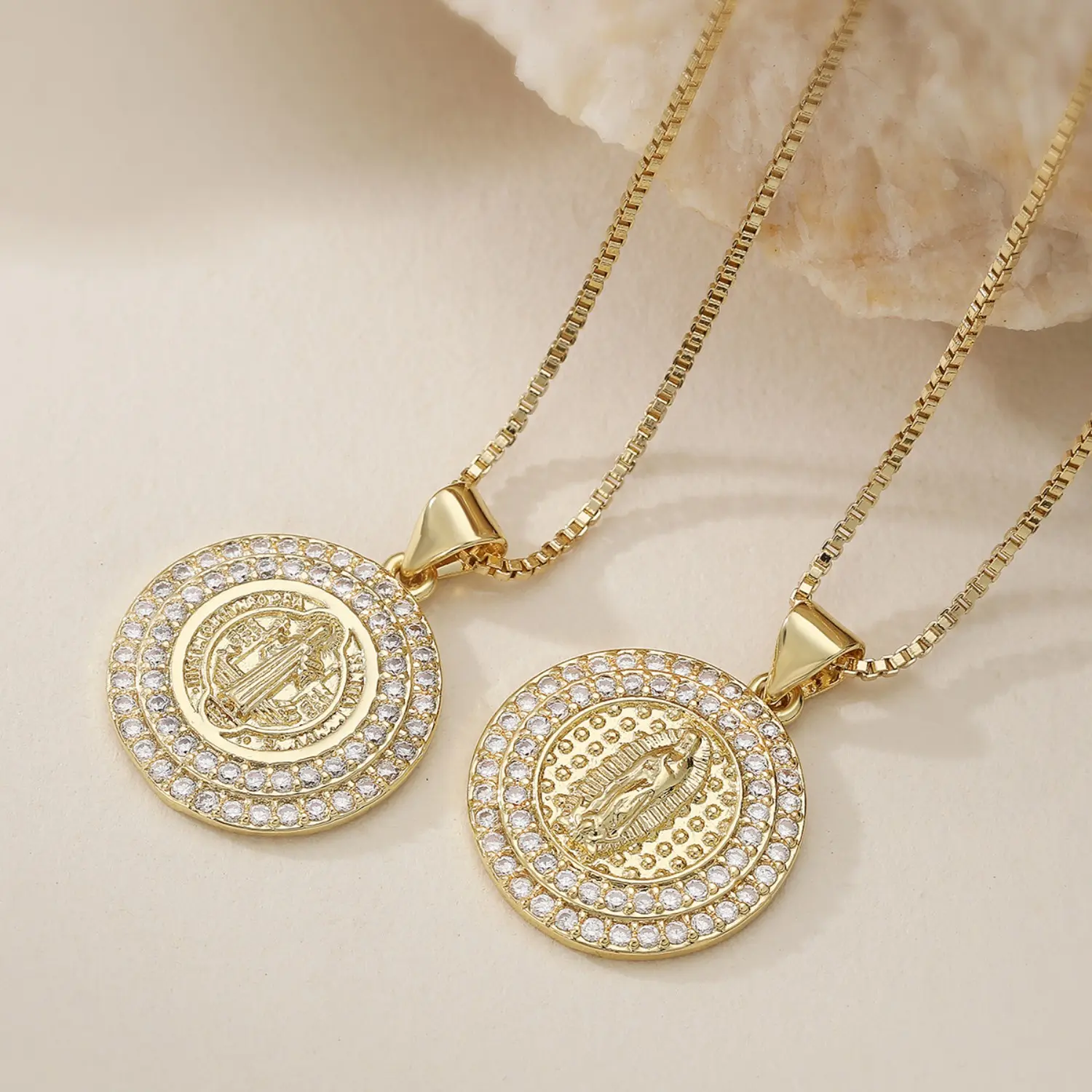 Unisex Catholic Luxury Gold-Plated Long Chain Cubic Zirconia Virgin Mary Bling Pendant Necklace - Sports Wristband-Compatible Charm Jewelry, Unisex Wear, Rhinestones, Alloy, Elegant, Metal Coating, Religious Accessory, Cubic Zirconia Necklaces