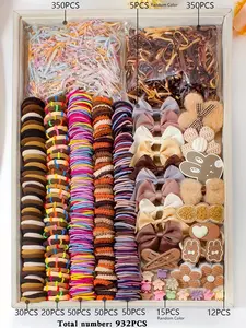 200/932pcs - Coffee Color Series Girls' Hair Accessories Set, elastic headbands, various hair clips and rubber bands, cute butterfly knot clips, rabbit ear hair clips and 3D flower hair pins, a perfect gift for creating fashionable hairstyles, All Seasons