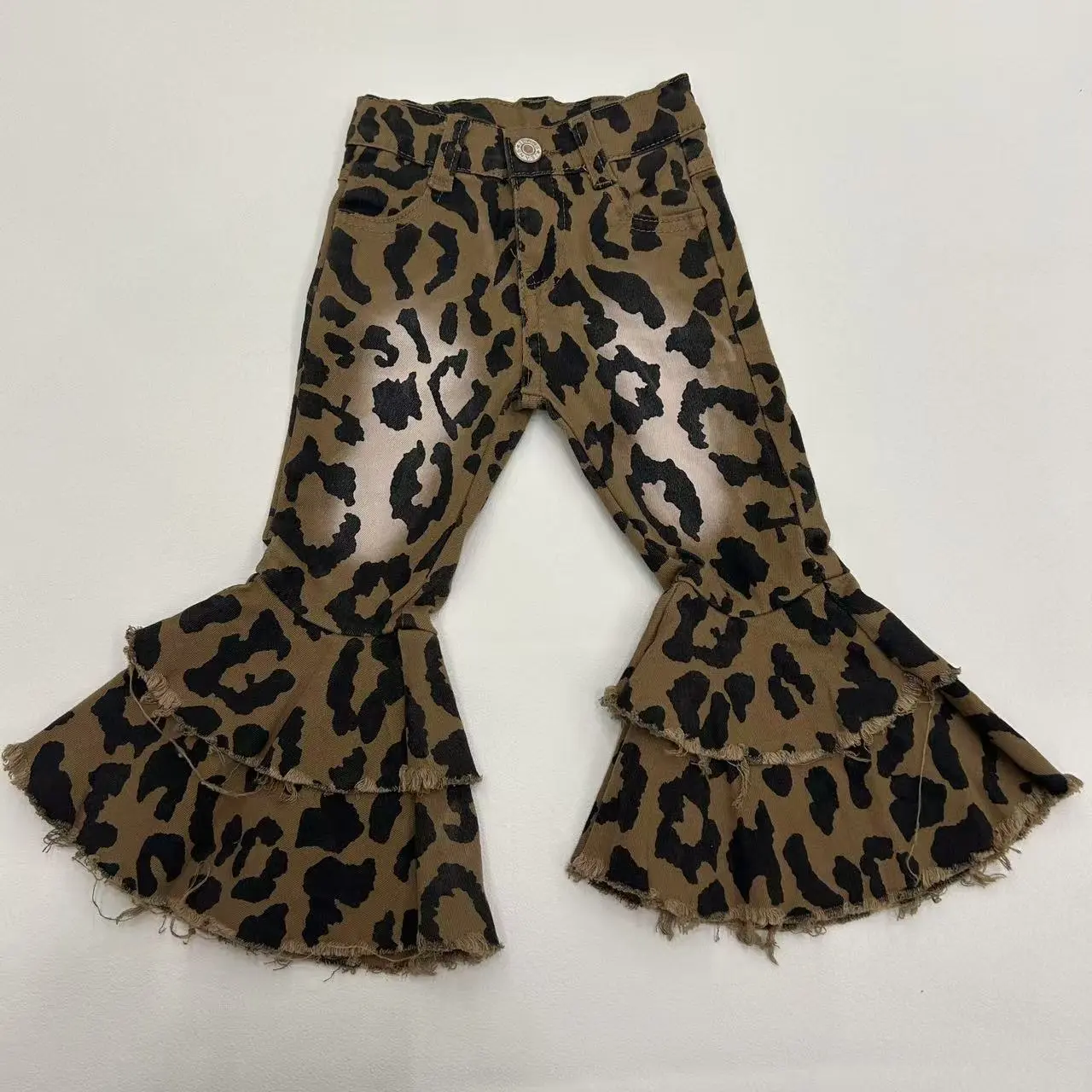 Girls' Fitted Leopard Print Bleached Jeans - Trendy Bottoms for 4-7 Age Group