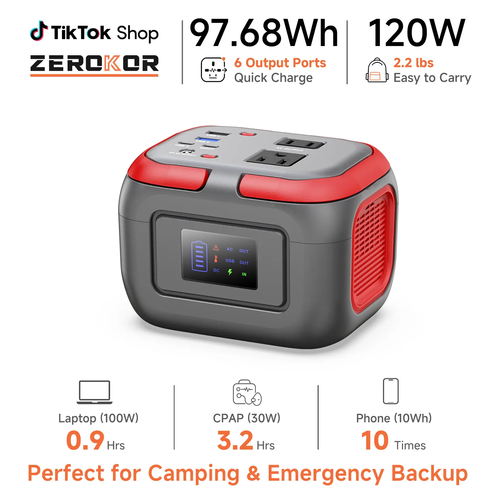 [ZeroKor] 120W High-Power Portable Power Bank Charger, 26400mAh Lithium Backup with 7 Ports (AC, DC, USB), Digital Display, Handle, Fast Charge for Mobile Devices, Camping, Emergency Charging Solution