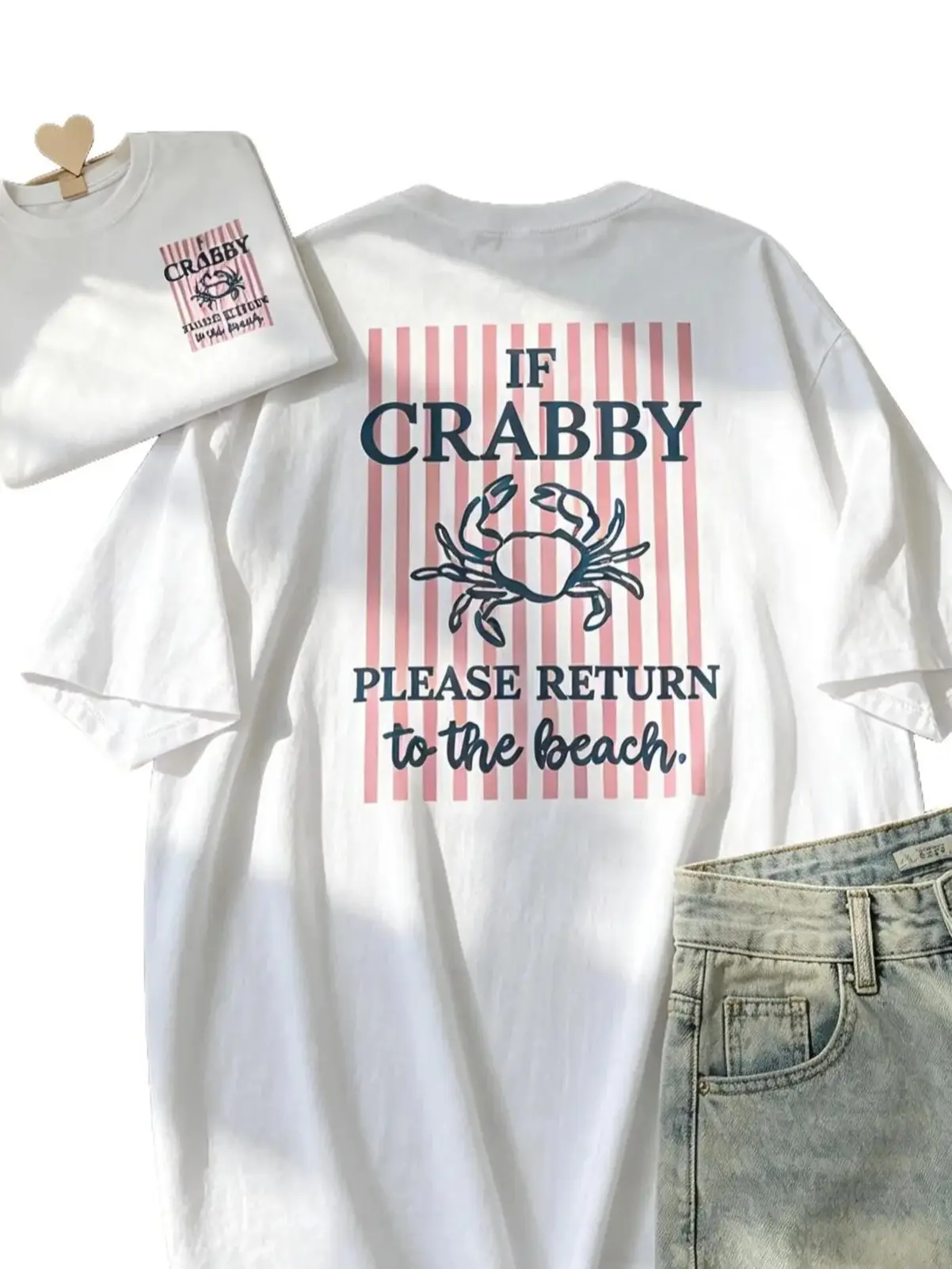 Double-Sided Print Women's Fashion Top, Women's Summer Clothing, Fresh Style, Crab Striped IF CRABBY Printed Round Neck Pure Short Sleeve T-Shirt
