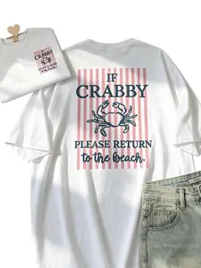 Double-Sided Print Women's Fashion Top, Women's Summer Clothing, Fresh Style, Crab Striped IF CRABBY Printed Round Neck Pure Short Sleeve T-Shirt