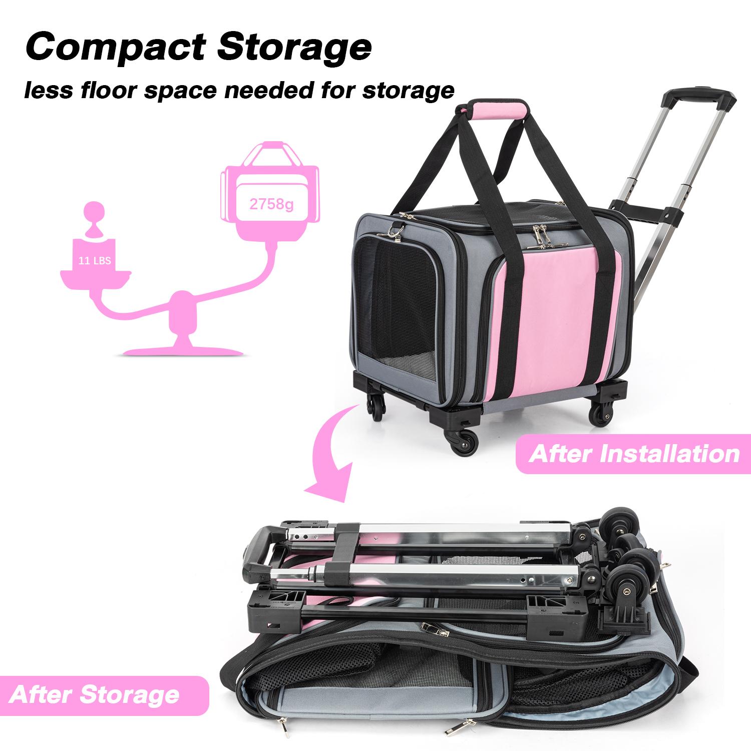 Pet Carrier Airline Approved, Expandable Large Dog Cat Carrier with Wheels, Upgraded Wheels Airline-Approved Cat & Dog Travel Carrier, Rolling Pet Carrier with Removable Pole Platform, Carnation Pink