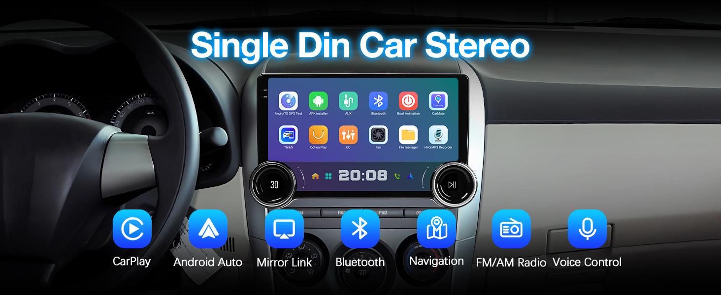 Single Din Car Stereo with Wireless Carplay & Android Auto, SWC, Bluetooth, Backup Camera, Dual Knobs, Car Radio, Navigation, FM/AM Single Din Car Stereo with Wireless Carplay & Android Auto, SWC, Bluetooth, Backup Camera, Dual Knobs, Car Radio, Navigation, FM/AM