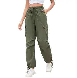 Womens Parachute Cargo Pants with Pockets Drawstring Hiking Pants Lightweight Low Waist Baggy Joggers Army green S