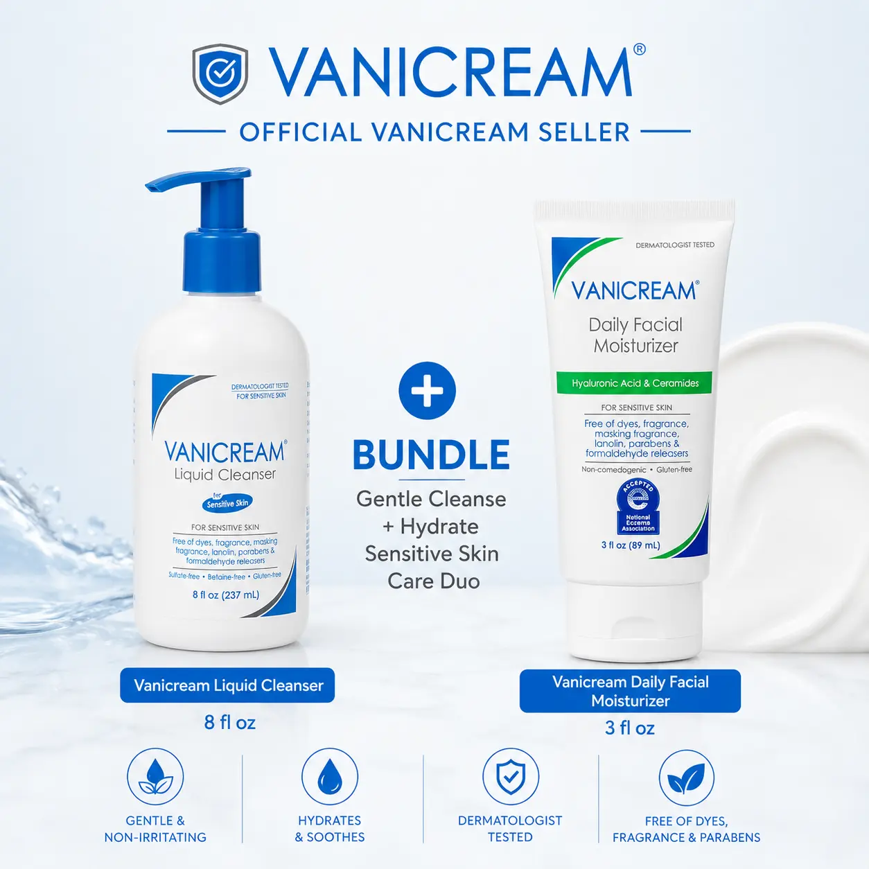 Vanicream Gentle Cleanse + Hydrate Duo | Liquid Cleanser 8 oz + Daily Facial Moisturizer 3 oz Vanicream Gentle Cleanse + Hydrate Duo | Liquid Cleanser 8 oz + Daily Facial Moisturizer 3 oz