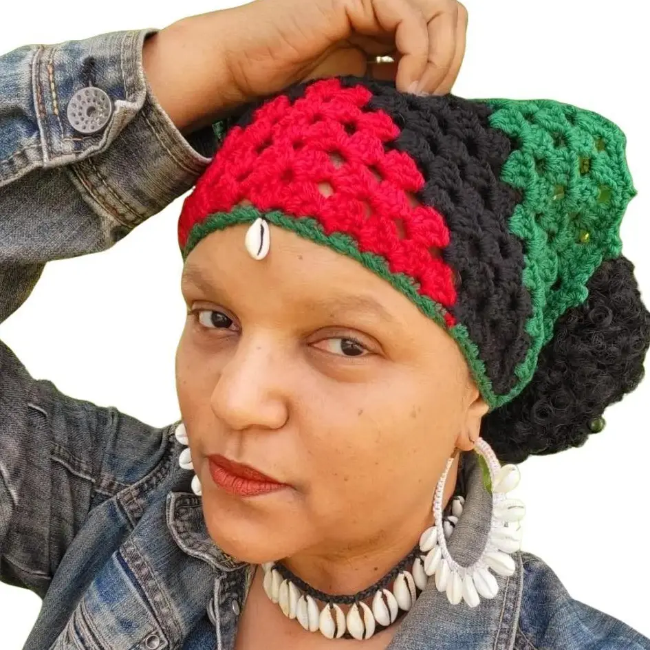 Pan African Cowrie Shell Bandana Scarf for Women - Crochet Style Bohemian Vintage Scarf with Iconic Flag Colors
