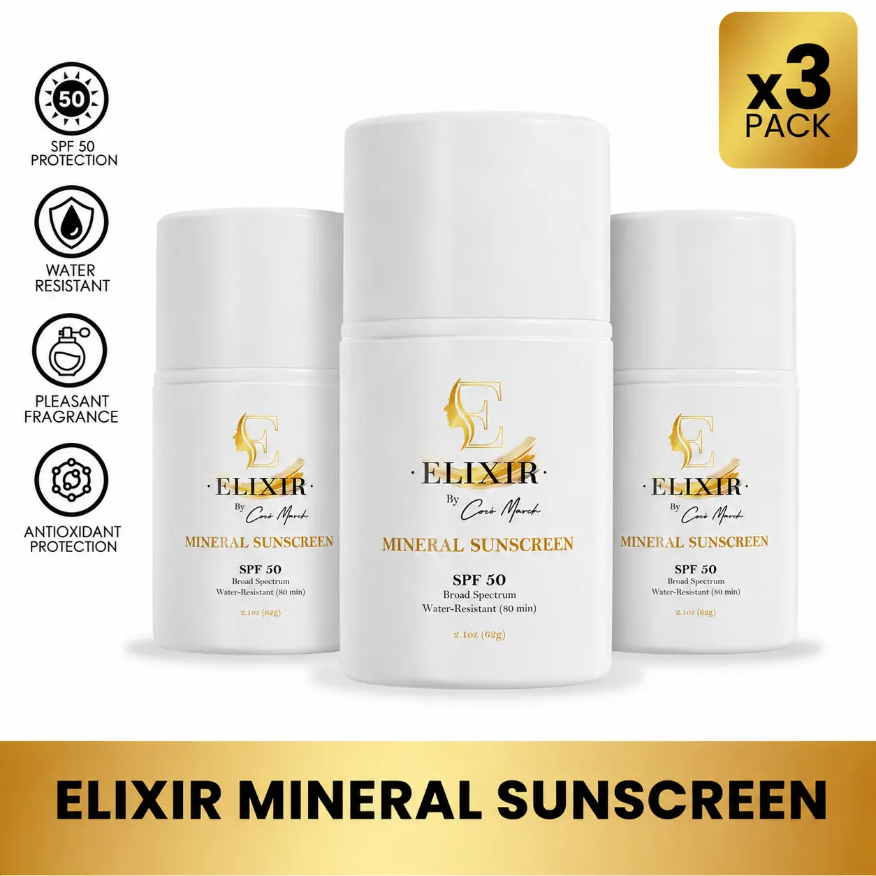 3 Pack of Elixir by Cocó March Mineral Sunscreen, Moisturizing Broad Spectrum SPF 50, Water Resistant UV Protection Non-Greasy Sunblock, 2.1 oz each