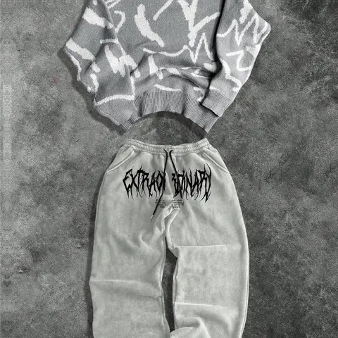 Streetwear Gothic Set Unisex Sweater Pullover Long Sleeve & Printed Pants Two-Piece, Casual Everyday Loose Fit, American Gothic Style, Fall&winter Clothes