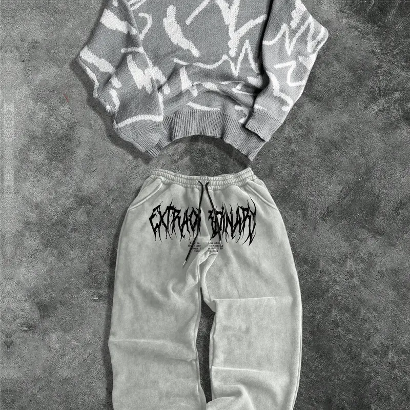 Streetwear Gothic Set Unisex Sweater Pullover Long Sleeve & Printed Pants Two-Piece, Casual Everyday Loose Fit, American Gothic Style, Fall&winter Clothes