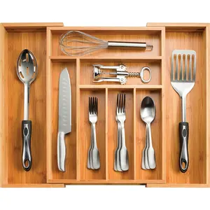 Expandable Drawer Organizer for Utensils - Adjustable Cutlery Tray with Dividers for Silverware, Flatware, and Knives in Kitchen, Bedroom, or Living Room Storage Boxes Wooden