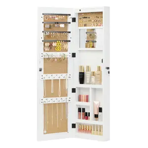 ARCH Solid Wood Jewelry Armoire Organizer Cabinet with Full-Length Mirror, 47.5x14.3 in Wall-Mounted Lockable with LED Light