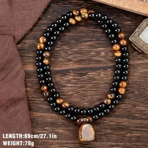 Tiger Eye Long Chain Necklace Green Aventurine Bring Good Luck Beaded Necklace Protection Beaded Long Chain Pendant Necklace