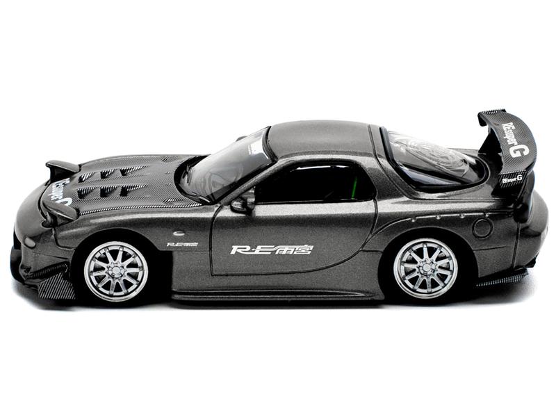 Mazda RX7 (FD) "RE Amemiya" Widebody RHD Gunmetal Gray Metallic with Carbon Hood 1/64 Diecast Model Car by Pop Race