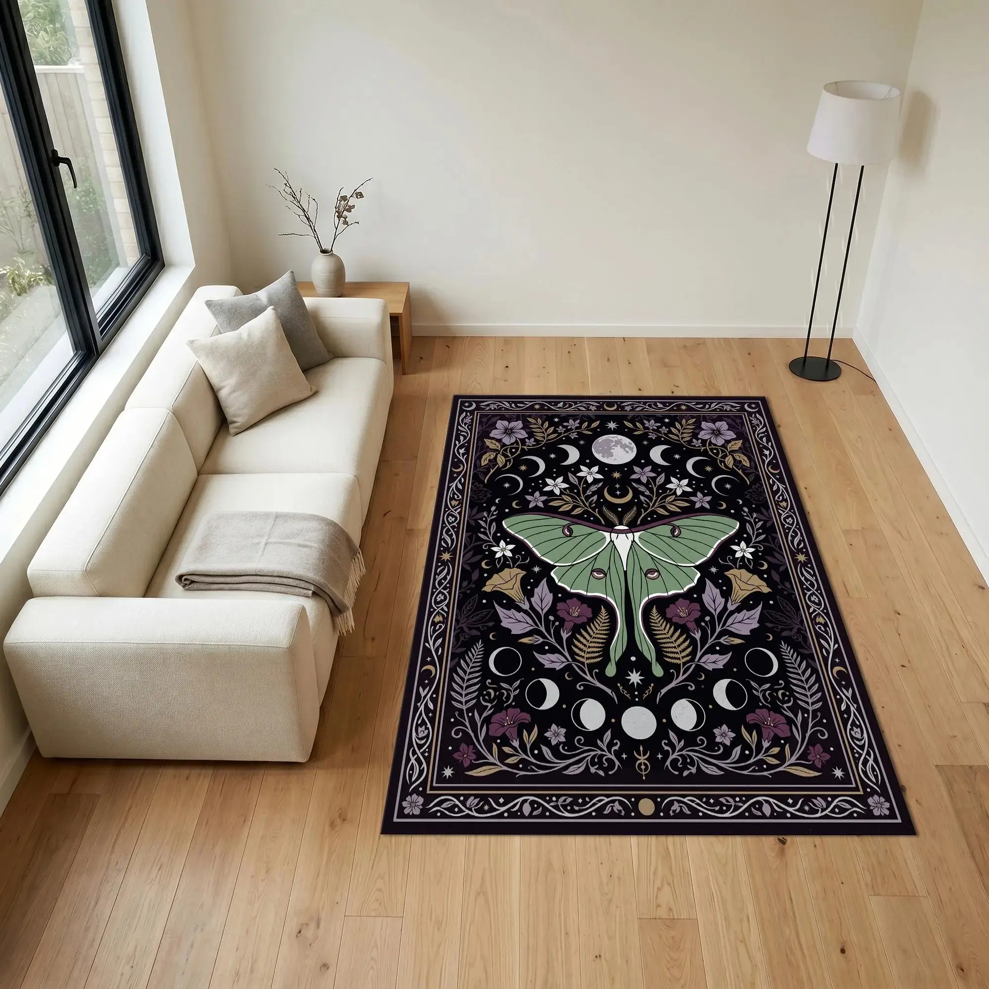 Luna Moth Rug, Moon Phase Carpet, Celestial Gothic Decor, Witchy Botanical Rug, Dark Academia Bedroom Rug