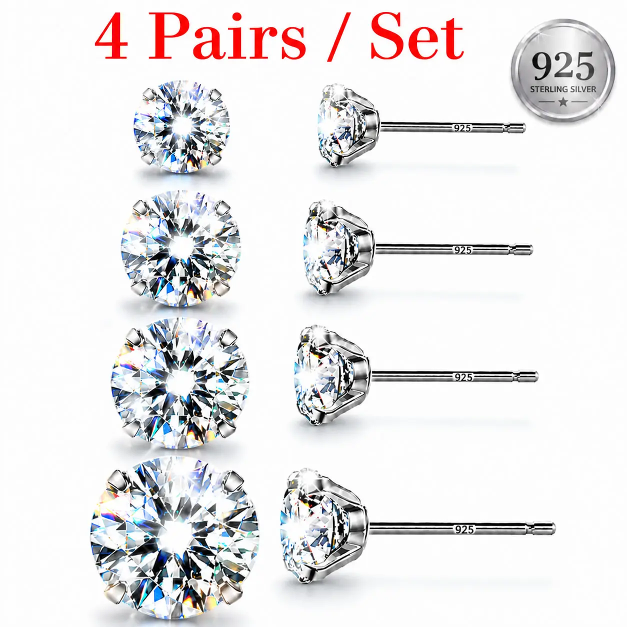 4 Pairs Stud Earrings Set for Women Men, Earring Women, Hypoallergenic Style Earrings, 316L Stainless Steel & 925 Sterling Silver Post, Cubic Zirconia Cartilage Earrings 3-6mm, Sparkly Everyday Studs, Jewelry Gift
