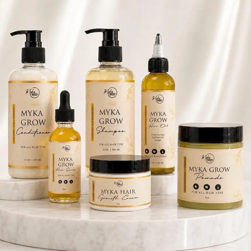 Myka Grow Full Set , 10 oz Shampoo & Conditioner for Healthy Hair Growth , 8 oz Pomade , 4 oz Hair Growth Oil ,5 oz hair Growth Cream , 2oz Hair Growth Serum