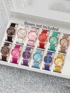 A set of 12 fashionable three-eye dial leather quartz watches Casual Wristwatch Set