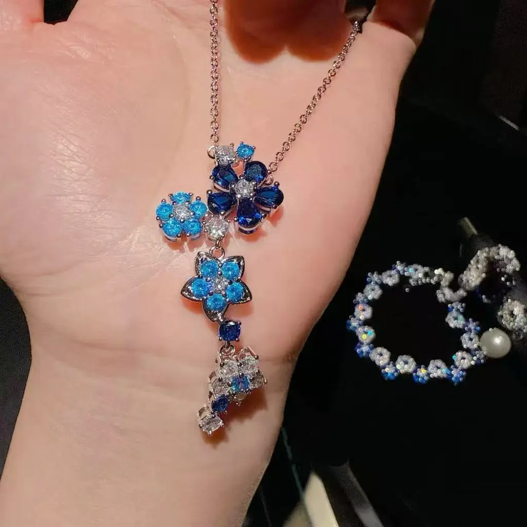 Handcrafted Blue Crystal Floral Necklace, BlossomDream Pendant
