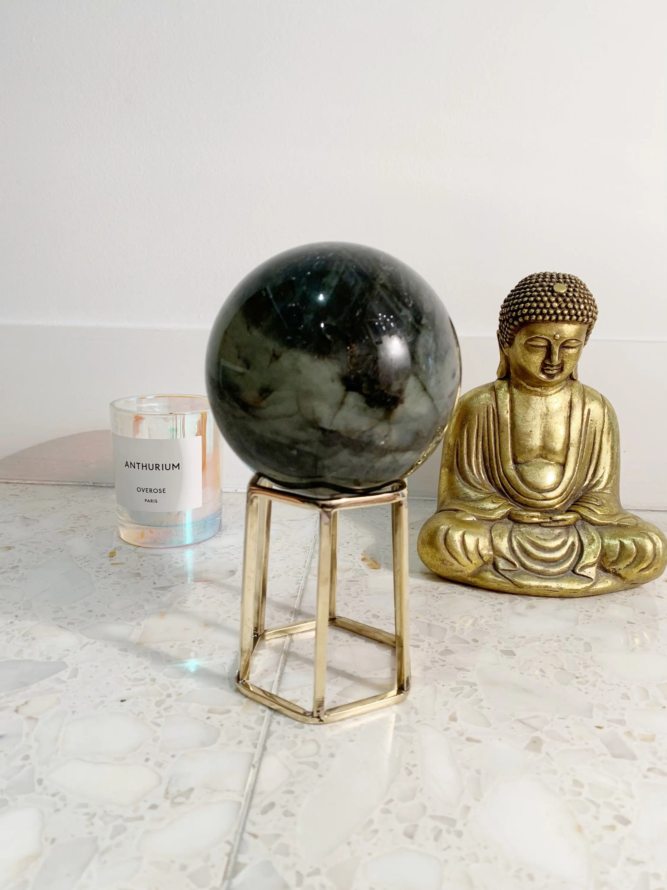 Hexagonal Brass Crystal Stand – Tall Gold Display Holder