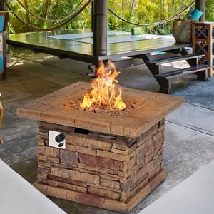 HOMPUS Outdoor Propane Fire Pit Table 32 inch Imitation Stone Square Concrete Propane Fire Pit with Lava Rocks and Rain Cover for Garden,Deck,Backyard