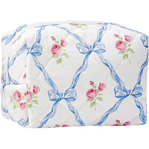 Makeup Bag Small Travel Quilted  Bag Organizer, Floral Checkered Cotton  Aesthetic Portable Pouch Purse Toiletry Bag for Women Girls accessories (Blue bow-s)
