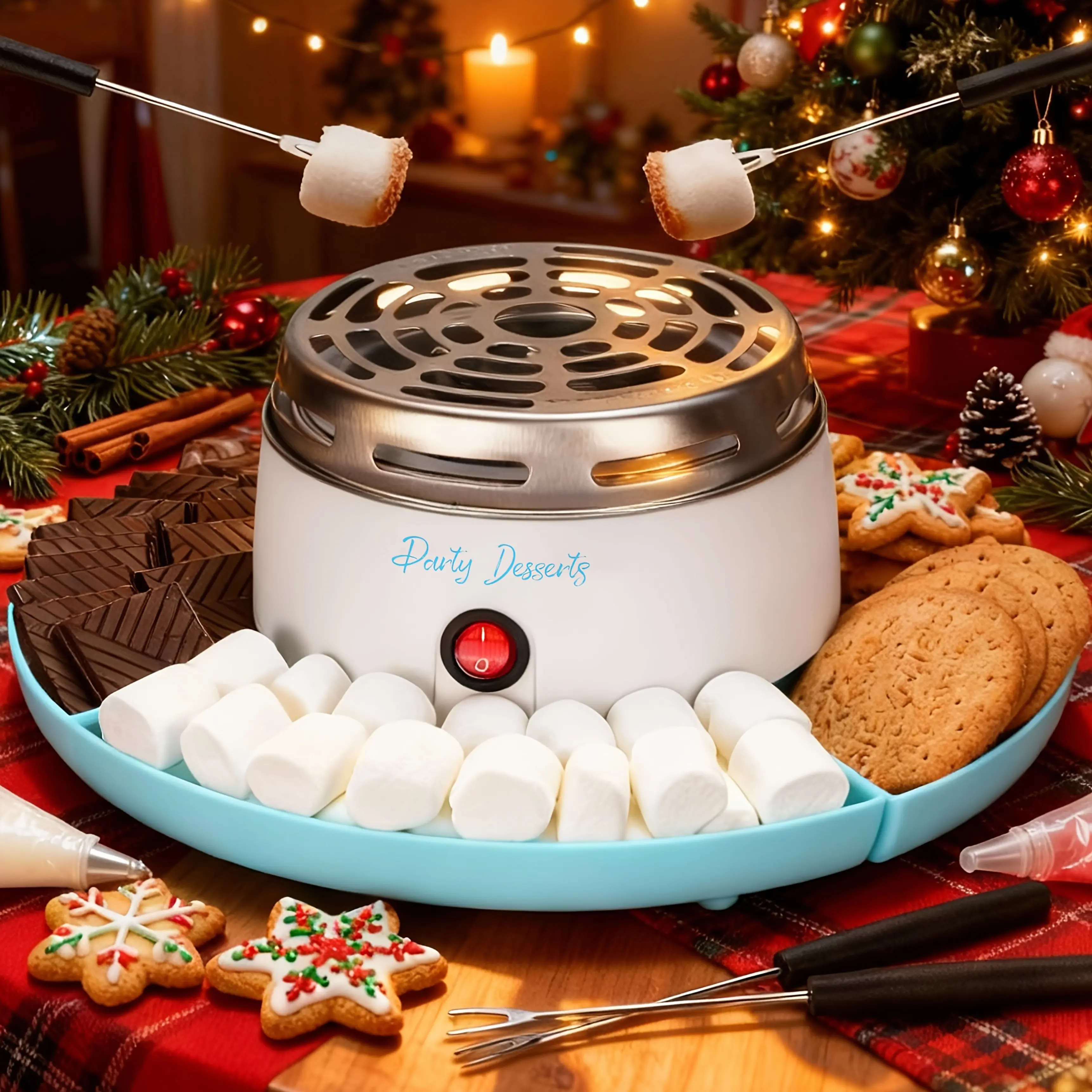 Electric S'mores Station, Indoor Tabletop Marshmallow Roaster Kit, 4 Compartment Trays & 4 Forks Included, Blue Smores Maker