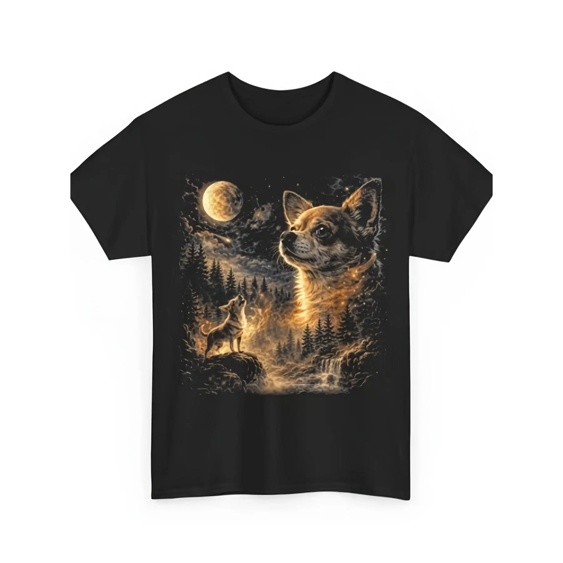 Vintage 90s Retro Chihuahua Howling to The Moon T-Shirt - Glossy Finish Round Neck Tee with Chihuahua Graphic, Suitable for All-Season Casual Wear, Machine Washable Apparel for Themed Events & Everyday Outfits
