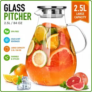 84 FL OZ Glass Pitcher with Lid and Handle, 2.5L Water Pitcher for Fridge, Ice Tea Carafe for Cold Brew, Drinks, Lemonade, Juice, Coffee, Beverage, Fruit, Clear, Borosilicate