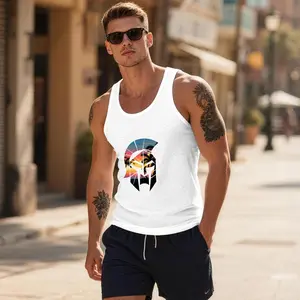 Men's Spartan Helmet Sunset Print Tank Top | Tropical Palm Graphic | Trendy Street Fashion Vest