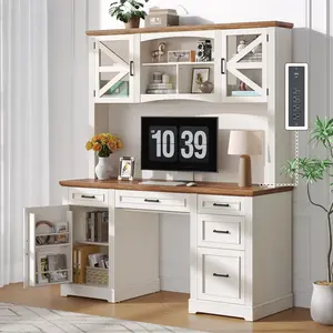 ONBRILL 72" H Farmhouse Executive Desk with Hutch, Office Desk, Computer Desks with Charging Station, Computer Workstations with 5 Drawers and Storage Cabinet for Home, Office