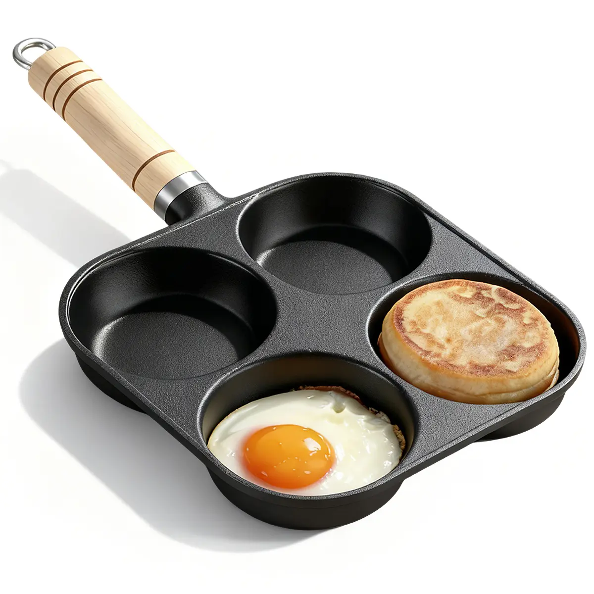4-Hole Heavy-Duty Cast Iron Multi-Cook Pan with Heat-Resistant Wooden Handle, Stovetop Griddle for Fried Egg, Pancake, Family Home Cooking