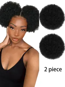 2 Extra Large Puffy Buns, Women's Afro Curly Puffy Drawstring Ponytail Wig, Clip-on High Bun Hairpiece Set (Black), Short Hair Extension, Synthetic Fiber Wig, Synthetic Hairpieces for Daily and Party Use