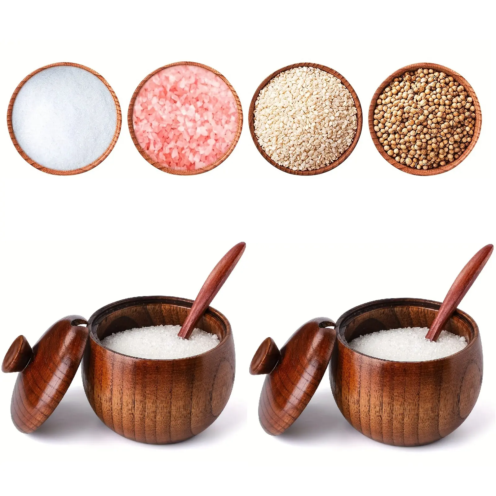 2Pcs Wooden Salt Box with Lid Spoon, Vintage Spice Jar Seasoning Container Cooking Utensil,salt and pepper holder,Made of natural wood, Kitchen Round Salt Box