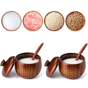 2Pcs Wooden Salt Box with Lid Spoon, Vintage Spice Jar Seasoning Container Cooking Utensil,salt and pepper holder,Made of natural wood, Kitchen Round Salt Box