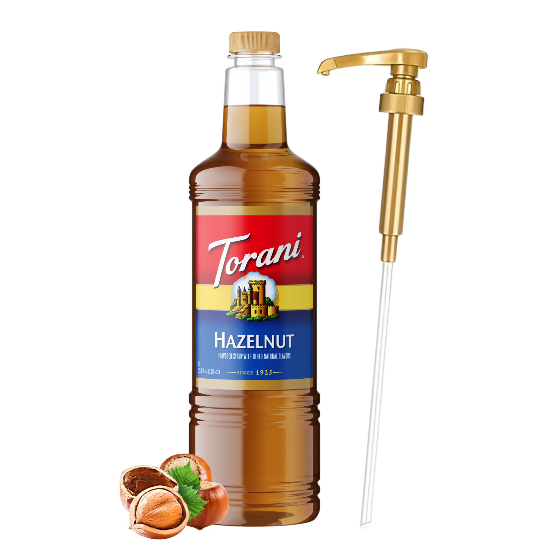 Torani Hazelnut Syrup, 1L Bottle with Pump - Premium Coffee & Beverage Flavoring Made with Pure Cane Sugar & Natural Flavors for Lattes, Desserts, Cocktails - Rich Nutty Sweetener