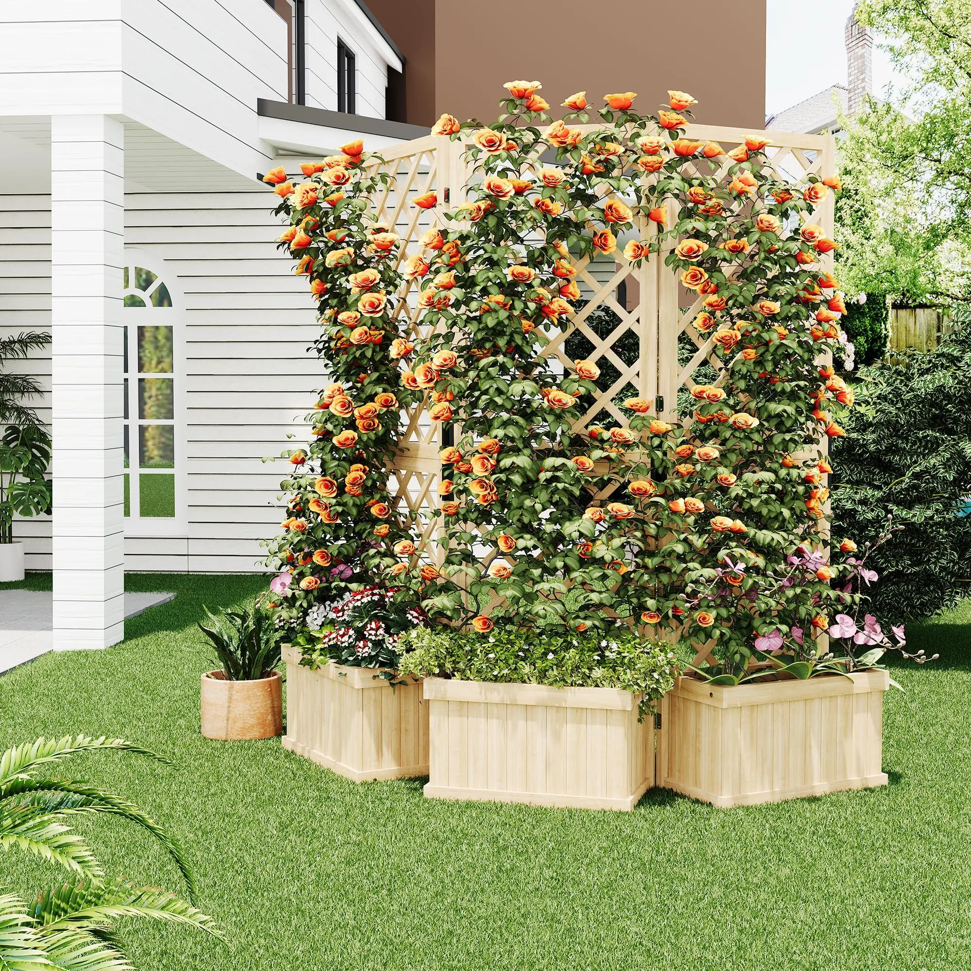 Cedar Privacy Screen with Built-In Planter Boxes, 3-Panel Freestanding Wooden Pergola - Pre-Cut Parts Garden Divider with Horizontal Slats, Trellis for Patio/Backyard Filtered Sunlight to Create Decorative Partitions & Comfortable Outdoor Environment