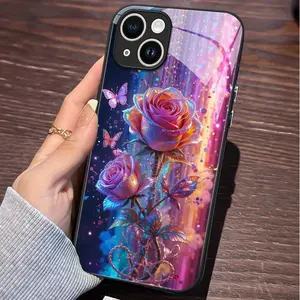 Mobile Phone Case for iPhone 16 Pro Max, Dreamy Gradient Rose & Iridescent Butterfly Glitter iPhone Case , Durable PC+TPU+Glass Hybrid Phone Protector, Shock Resistant, for iPhone 16–11 Pro Max/Plus