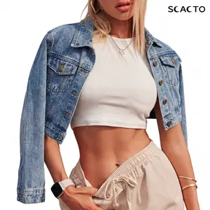Scacto Summer Cropped Denim Jacket Women's Button Down Long Sleeve  Jacket with Pockets Fashionable Collared Neckline Spring Summer Casual Outerwear