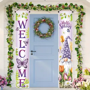 Welcome Spring Porch Banner, Colorful Floral Butterfly Theme Gnome, Polyester Door Couplet for Farmhouse Garden Garage Decoration Outdoor Banners