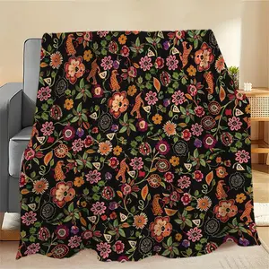 Vintage floral motif flannel blanket suitable for retro, industrial, and exotic styles in living rooms and bedrooms; can be used as a sofa throw or bedspread to elevate the space’s aesthetic. Ships from within the United States.
