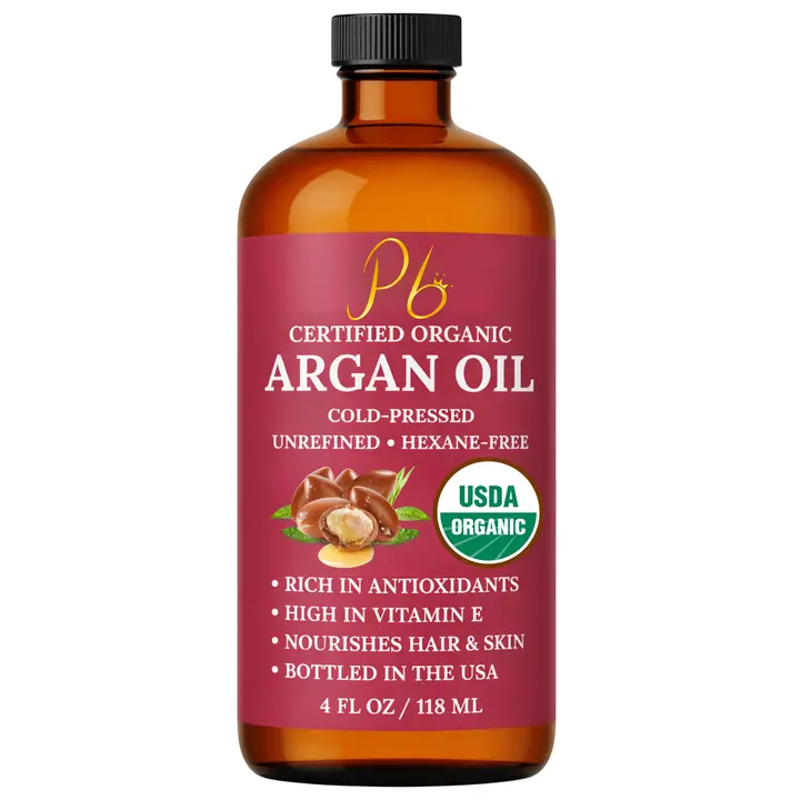 Pomberries USDA Organic Argan Oil 4 fl oz – Cold-Pressed, Unrefined Moroccan Argan Oil for Hair & Skin – Glass Bottle
