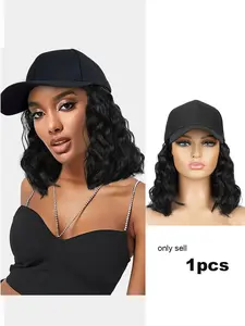 Hat Wig for Women Short Wave Curly Bob Wigs Baseball Cap Wigs with Curly Hair Extensions Wig Synthetic Wave Adjustable Brown Black Baseball Hat Wigs