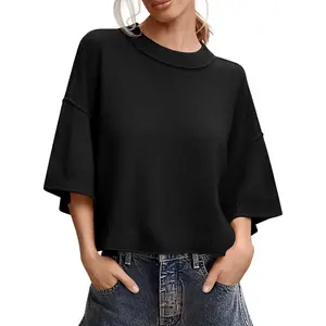 Womens Short Sleeve Sweater Summer Oversized Cropped Sweaters Casual Crewneck Lightweight Knit Tops