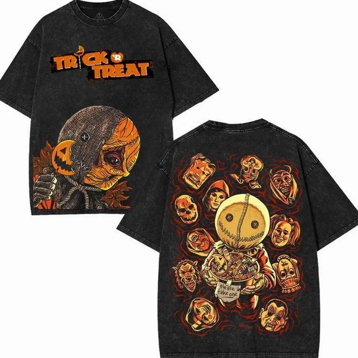 Trick �R Treat Sam Vintage Washed Oversized Halloween Horror Cotton Graphic T-Shirt � Double-Sided Creepy Pumpkin Head & Movie Villains Artwork Spooky 8PO