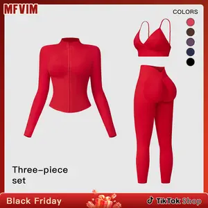Women's Solid Criss Cross Crop Tank Top & High Waist Leggings & Zip Up Crop Jacket Tracksuit Set by MFVIM - Breathable Comfortable Outfits for Yoga, Gym, Workouts, Running, Yoga Wear, Workout Gym Clothing, Gym Sportswear, Casual Activewear