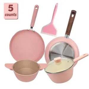 Pink Girly Non Stick Cookware Set, 4/5pcs Frying Pans Pots Set for Kitchen Home, All Stoves Available, Gift for Girl, Mom, Friends